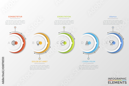 Five colorful round elements with arrows and thin line icons inside arranged in horizontal row. Concept of 5 successive steps of development process. Infographic design template. Vector illustration.