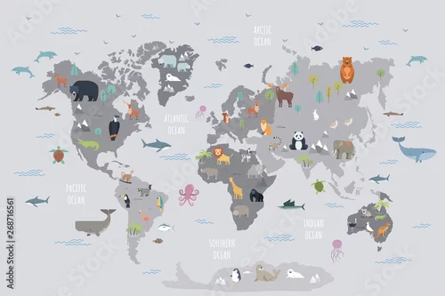 Obraz Mapa świata z dzikimi zwierzętami żyjącymi na różnych kontynentach i oceanach. Kreskówka ssaki, gady, ptaki, ryby zamieszkujące planetę. Płaskie kolorowe wektorowego na plakat edukacyjny, baner.