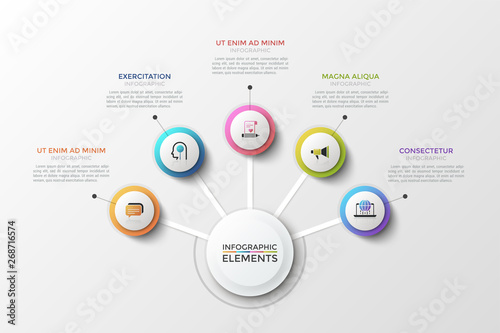 Tree diagram. Main white round element in center connected with 5 colorful circles, thin line pictograms and text boxes. Concept of five business options to choose. Creative vector illustration.