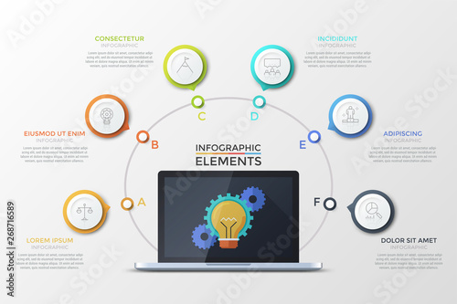 Laptop with light bulb and gear wheels on screen, 6 lettered round colorful elements with thin line symbols inside around it and text boxes. Concept of website menu interface. Vector illustration.