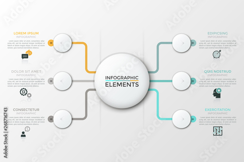 Flow chart with white central round element connected with 6 circles, thin line icons and text boxes. Six features of service provided by company. Modern vector illustration for website, presentation.