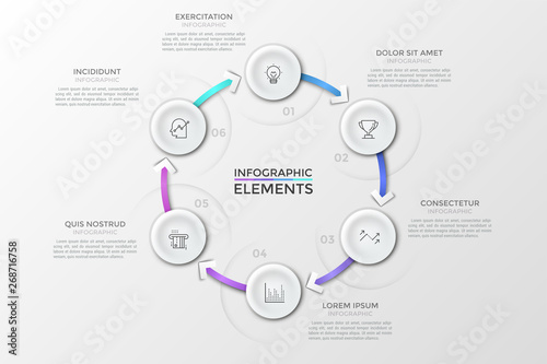 Circular chart with 6 numbered round paper white elements connected by arrows and text boxes. Concept of production cycle with four steps. Creative infographic design template. Vector illustration.