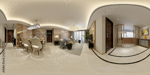360 degrees home living and dining room, 3d rendering.