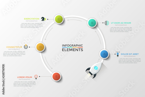 Space rocket and 5 circular elements with letters inside arranged in ring and successively connected by arrows. Concept of cyclic process. Creative infographic design template. Vector illustration.