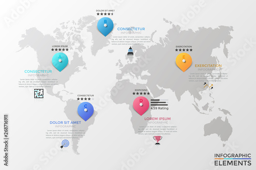 World map with five colorful round location pins, thin line pictograms, 5 star rating indicators. Infographic design template. Concept of best touristic places to visit. Modern vector illustration.