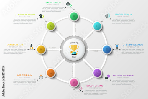 Round diagram. Eight colorful lettered circles with arrows pointing at round element in center, linear icons and text boxes. Creative infographic design template. Vector illustration for presentation.