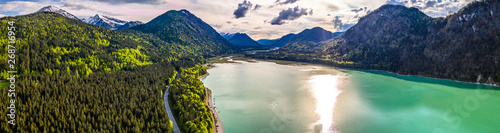 Amazing turquoise lake Sylvenstein, upper Bavaria. Aerial view. May, Germany photo
