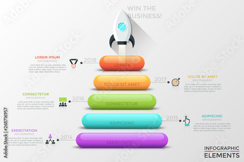 Vertical timeline with space shuttle flying up, 5 colorful elements, year indication, thin line icons. Concept of annual levels of development. Infographic design template. Vector illustration.