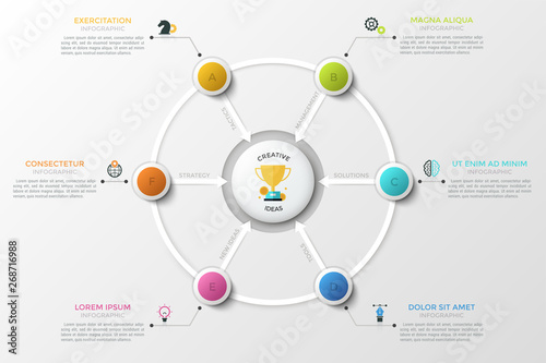 Circular chart. Colorful lettered circles connected with central round element by arrows. Concept of 6 features of success. Infographic design template. Vector illustration for brochure, presentation.