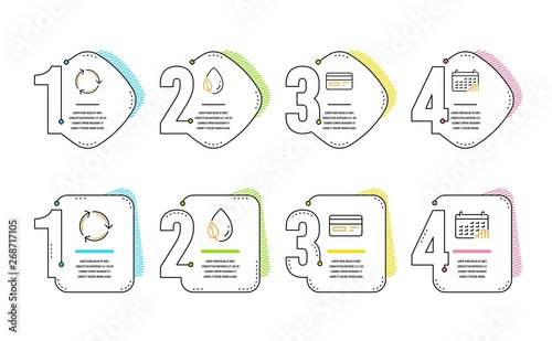 Credit card, Leaf dew and Recycling icons simple set. Calendar graph sign. Card payment, Water drop, Reduce waste. Annual report. Business set. Infographic timeline. Line credit card icon. Vector