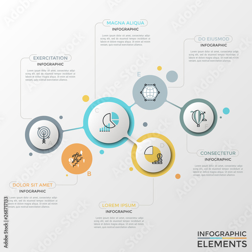Six colorful interconnected circular elements with linear pictograms and letters inside and text boxes. Modern infographic design template. Vector illustration for presentation, brochure, report.