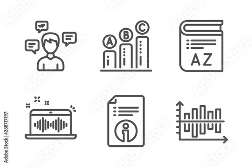 Music making, Conversation messages and Technical info icons simple set. Graph chart, Vocabulary and Diagram chart signs. Dj app, Communication. Education set. Line music making icon. Editable stroke