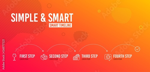 Infographic timeline. Burger, Bordeaux glass and Coffee-berry beans icons simple set. Coffee sign. Cheeseburger, Wine glass, Coffee beans. Cafe. Food and drink set. 4 steps layout. Vector