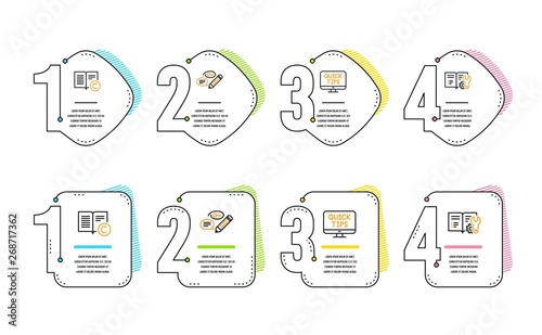 Copyright, Web tutorials and Keywords icons simple set. Engineering documentation sign. Copywriting book, Quick tips, Pencil with key. Manual. Education set. Infographic timeline. Line copyright icon