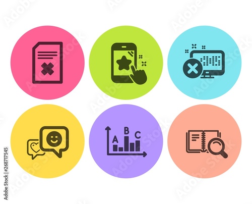 Star rating, Survey results and Reject access icons simple set. Delete file, Smile and Search book signs. Phone feedback, Best answer. Technology set. Flat star rating icon. Circle button. Vector