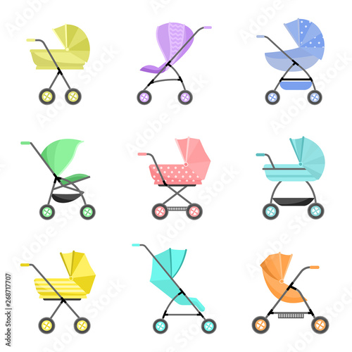 Set of modern colorful baby or kid stroller with wheels