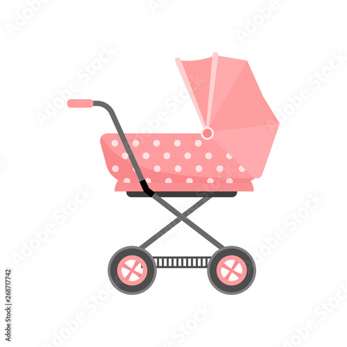 Retro red color baby stroller with dotted textile material