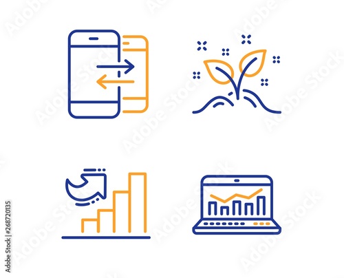 Growth chart, Phone communication and Startup concept icons simple set. Web analytics sign. Diagram graph, Incoming and outgoing calls, Launch project. Statistics. Education set. Vector