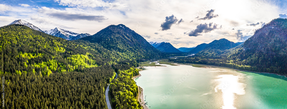 Amazing turquoise lake Sylvenstein, upper Bavaria. Aerial view. May, Germany