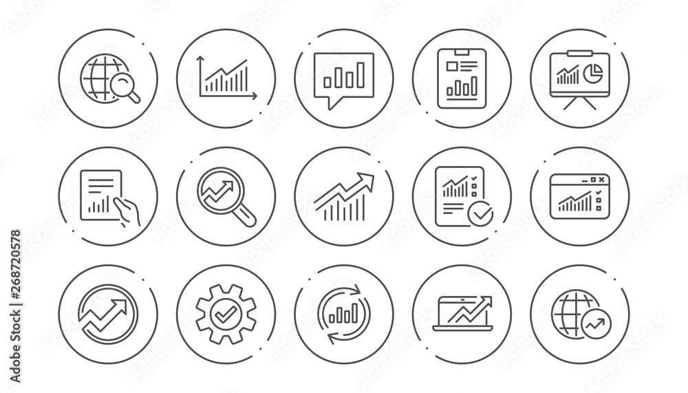 Analytics line icons. Reports, Charts and Graphs. Data statistics linear icon set. Line buttons with icon. Editable stroke. Vector Analytics line icons. Reports, Charts and Graphs. Data statistics linear icon set. Line buttons with icon. Editable stroke. Vector