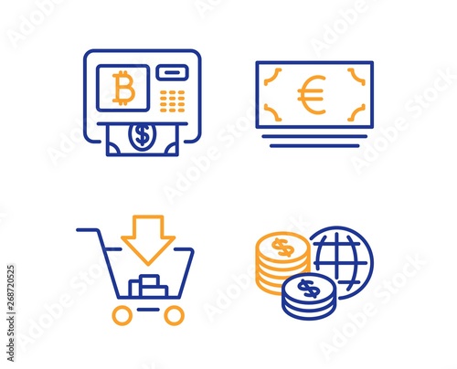 Bitcoin atm, Shopping and Euro currency icons simple set. World money sign. Cryptocurrency change, Add to cart, Eur banking. Global markets. Finance set. Linear bitcoin atm icon. Colorful design set