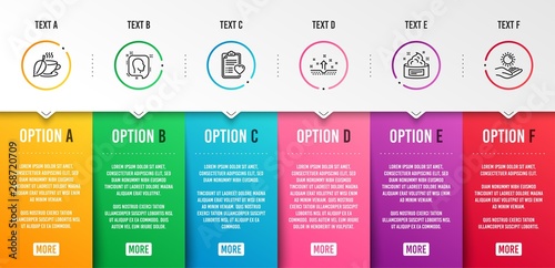 Patient history, Head and Clean skin icons simple set. Mint tea, Skin cream and Sun protection signs. Medical survey, Profile messages. Healthcare set. Infographic template. 6 steps timeline. Vector
