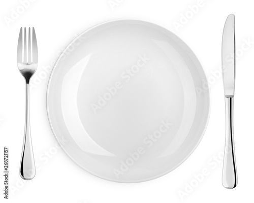 Empty plate, fork, knife, cutlery isolated on white background, clipping path, top view