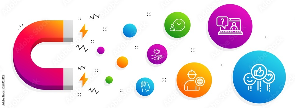 Magnet attracting. Faq, Engineering and Time management icons simple set. Engineer, Sun protection and Like signs. Web support, Cogwheel head. People set. Line faq icon. Editable stroke. Vector Magnet attracting. Faq, Engineering and Time management icons simple set. Engineer, Sun protection and Like signs. Web support, Cogwheel head. People set. Line faq icon. Editable stroke. Vector
