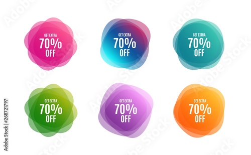 Blur shapes. Get Extra 70% off Sale. Discount offer price sign. Special offer symbol. Save 70 percentages. Color gradient sale banners. Market tags. Vector
