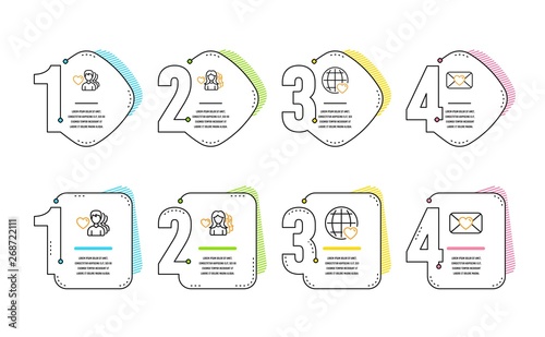 Man love, Woman love and Valentine icons simple set. Romantic people, Internet dating. Love set. Infographic timeline. Line man love icon. 4 options or steps. Vector
