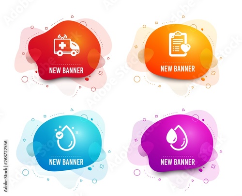 Liquid badges. Set of Vitamin e, Ambulance car and Patient history icons. Oil drop sign. Oil drop, Emergency transport, Medical survey. Serum.  Gradient vitamin e icon. Flyer fluid design. Vector