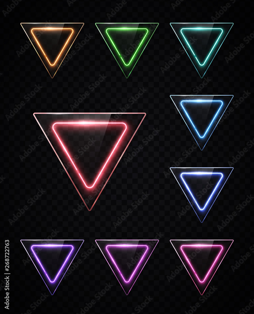 Neon light colorful set of shining rounded triangle on transparent background. Illuminated geometric polygon frame with glass or plastic with blank text space. Halogen or led lamp vector illustration. Neon light colorful set of shining rounded triangle on transparent background. Illuminated geometric polygon frame with glass or plastic with blank text space. Halogen or led lamp vector illustration.