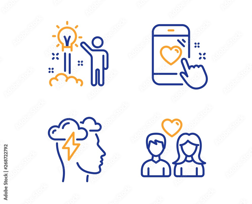 Mindfulness stress, Heart rating and Creative idea icons simple set. Couple love sign. Cloud storm, Phone feedback, Startup. People in love. People set. Linear mindfulness stress icon. Vector Mindfulness stress, Heart rating and Creative idea icons simple set. Couple love sign. Cloud storm, Phone feedback, Startup. People in love. People set. Linear mindfulness stress icon. Vector