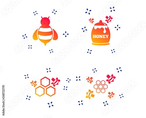 Honey icon. Honeycomb cells with bees symbol. Sweet natural food signs. Random dynamic shapes. Gradient honeycomb icon. Vector