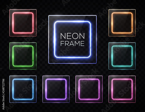 Shining glass texture square banners set. Rectangle frames with led halogen lamp. Reflection effect. Technology signs with blank text place on transparent background. Hud design vector illustration.