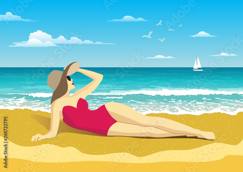 Girl on the beach. Seascape with waves, cloudy sky and seagulls. Yacht on the horizon. Tourism and travelling. Vector flat design
