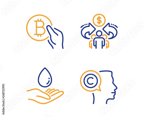Sharing economy, Water care and Bitcoin pay icons simple set. Writer sign. Share, Aqua drop, Cryptocurrency coin. Copyrighter. People set. Linear sharing economy icon. Colorful design set. Vector