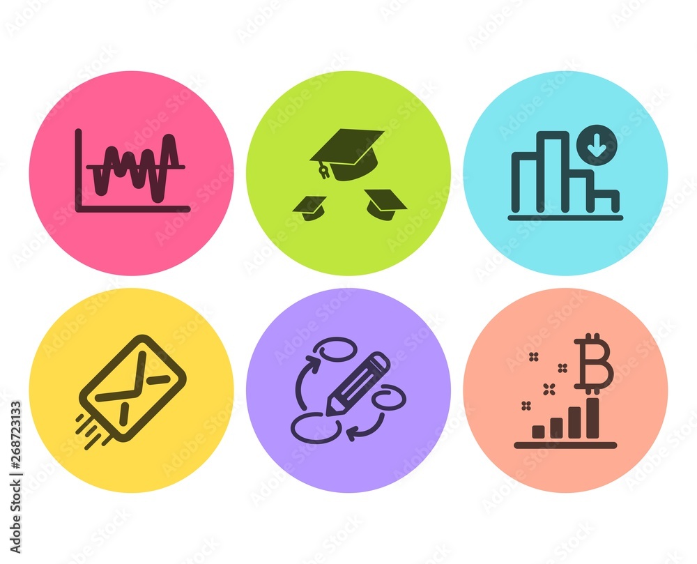 Throw hats, Decreasing graph and Stock analysis icons simple set. E-mail, Keywords and Bitcoin graph signs. College graduation, Crisis chart. Education set. Flat throw hats icon. Circle button. Vector