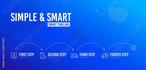 Infographic timeline. Ambulance emergency, Developers chat and Hold smartphone icons simple set. 24h service sign. Medical transport, Manager talk, Phone call. Call support. 4 steps layout. Vector