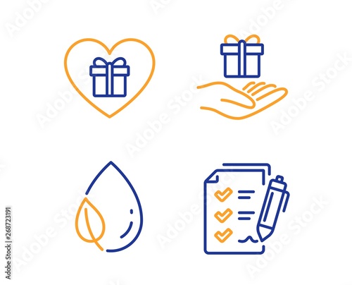 Loyalty program, Leaf dew and Romantic gift icons simple set. Survey checklist sign. Gift, Water drop, Surprise with love. Report. Linear loyalty program icon. Colorful design set. Vector