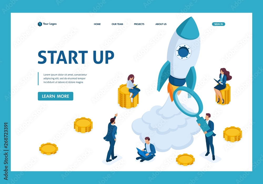 Fototapeta premium Isometric concept of investing in startups, rocket launch, young entrepreneurs. Template Landing page