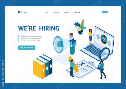 Isometric HR Manager, we hire employees to our company, recruiting concept. Template Landing page