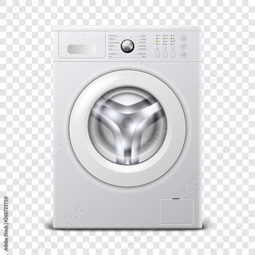 Vector 3d Realistic Modern White Steel Washing Machine Icon Closeup Isolated on Transparent Background. Design Template of Wacher. Front View, Laundry Concept