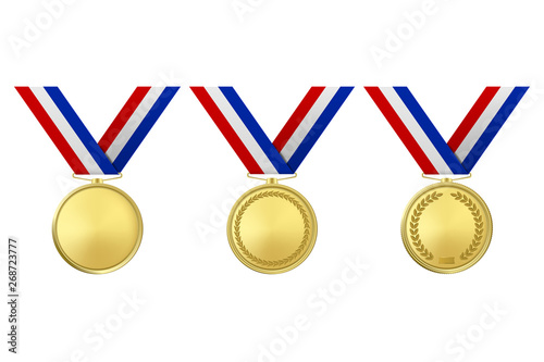 Vector 3d Realistic Gold Award Medal Icon Set with Color Ribbons Closeup Isolated on White Background. The First Place, Prizes. Sport Tournament, Victory or Winner Concept