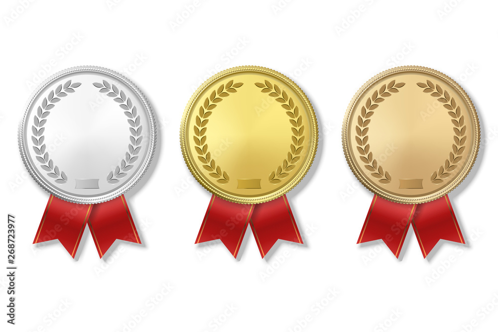 Vector 3d Realistic Gold, Silver and Bronze Award Medal Icon Set with Color Ribbons Closeup Isolated on White Background. The First, Second, Third Place, Prizes. Sport Tournament, Victory Concept Vector 3d Realistic Gold, Silver and Bronze Award Medal Icon Set with Color Ribbons Closeup Isolated on White Background. The First, Second, Third Place, Prizes. Sport Tournament, Victory Concept