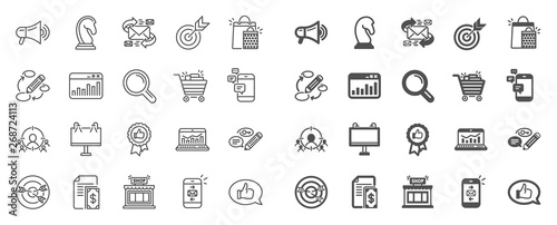 Marketing, research line icons. Set of Strategy target, Feedback, Advertisement campaign icons. Research marketing, Communication and Keywords. Chess Knight, Target, Mail. Business strategy. Vector