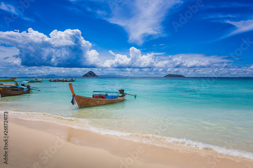Longtail Boat at the Laemtong Beach on Phiphi island, Thailand. In the background Mosquito and Bamboo island. © Andreas Prott