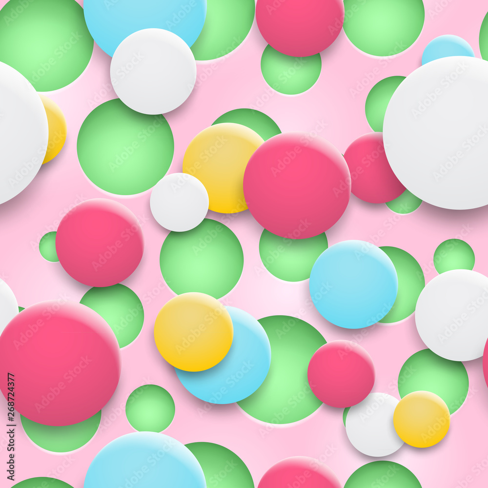 Abstract background of holes and multicolored circles with shadows