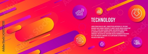 Header banner. Download arrow, Graph chart and Demand curve icons simple set. Reject refresh, Travel compass and Online shopping signs. Crisis, Growth report. Technology set. Line download arrow icon