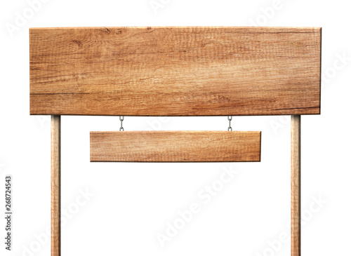 Oblong wooden double signpost with poles and made of natural wood